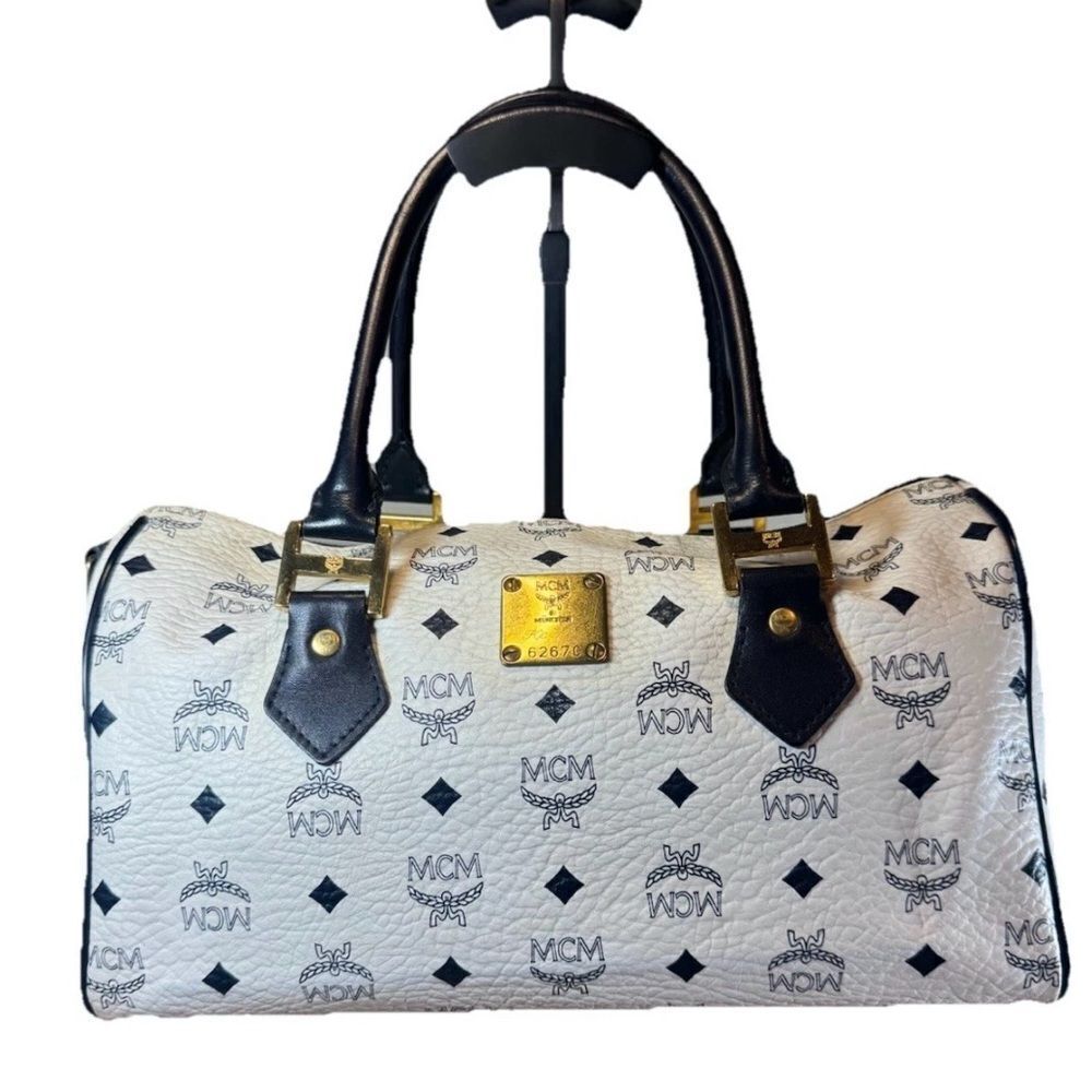 MCM Navy Blue & White Coated Canvas Viestos 2way Boston Bag Auth Vtg